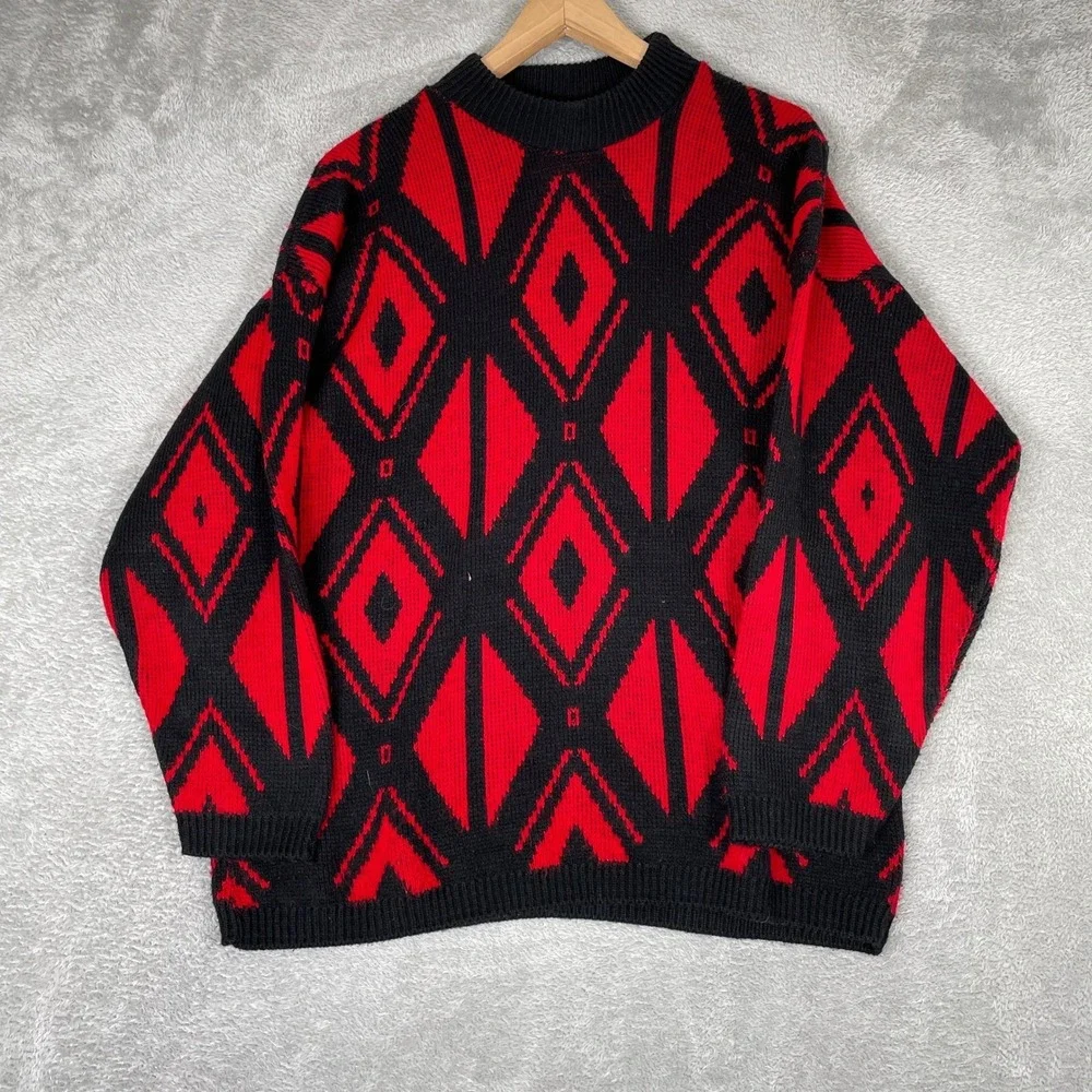 American Pride Sweater Mens Large Red Diamond Geometric Knit Vintage 90s USA